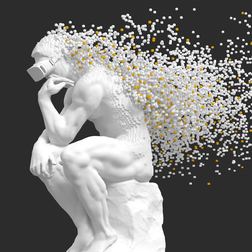 3D Modell der denker Statue, welche in quadratische Pixel zerfällt