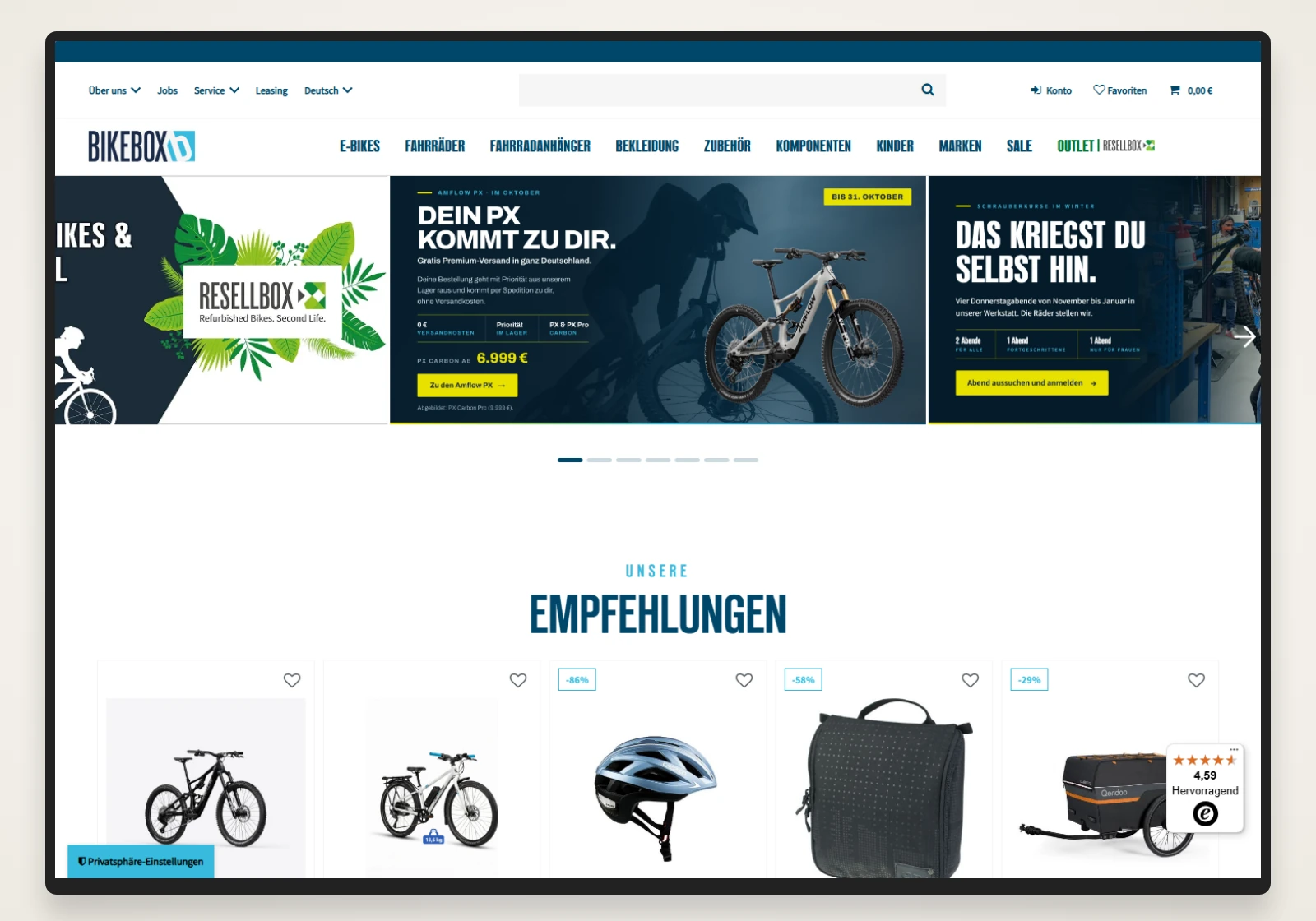 BIKEBOX – Online-Shop, Startseite