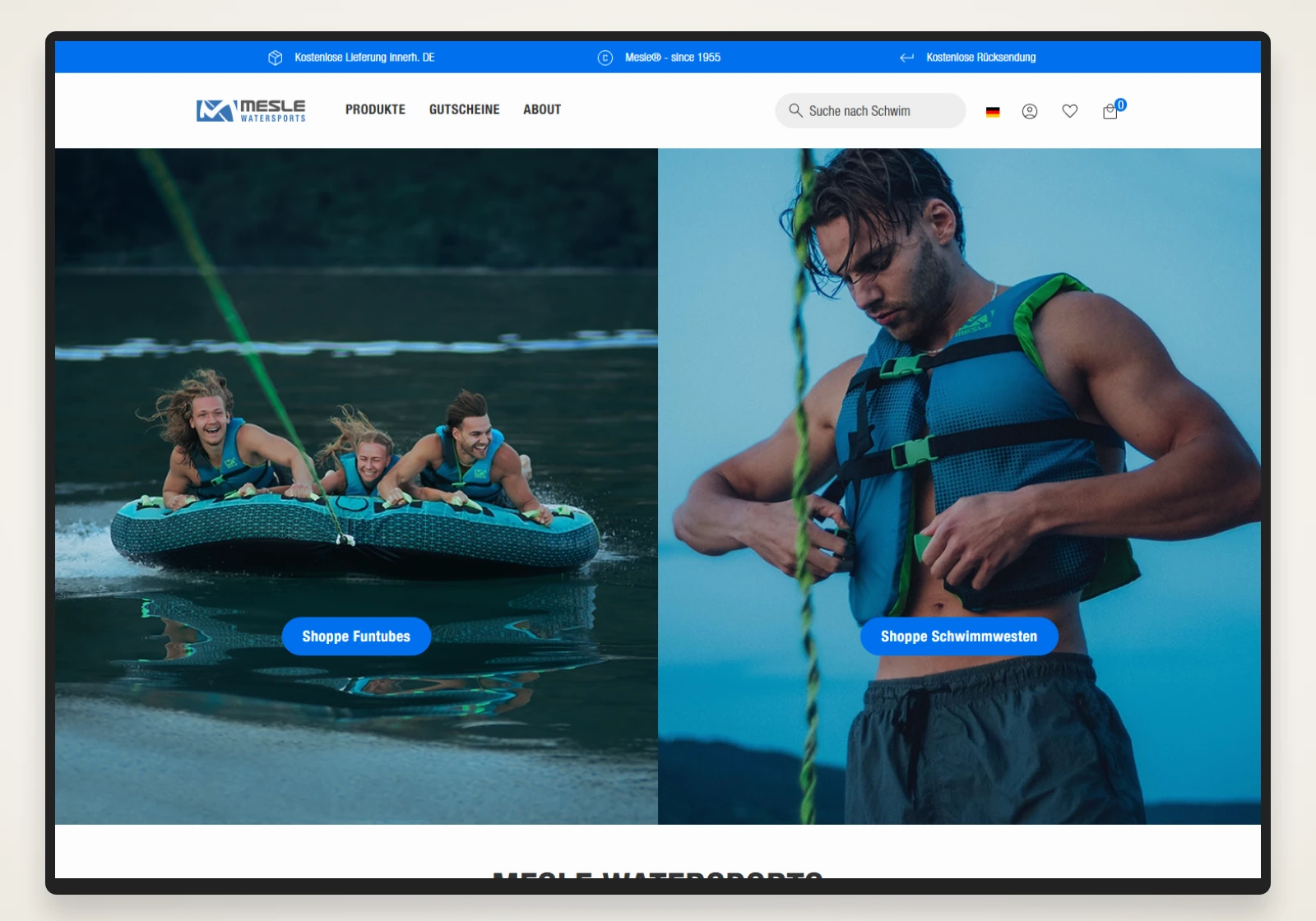 Mesle Watersports – Online-Shop, Startseite