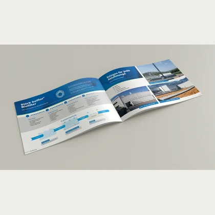 Aufgeschlagene Broschüre zur Abluftreinigung für Störk Umwelttechnik im Print-Mockup.