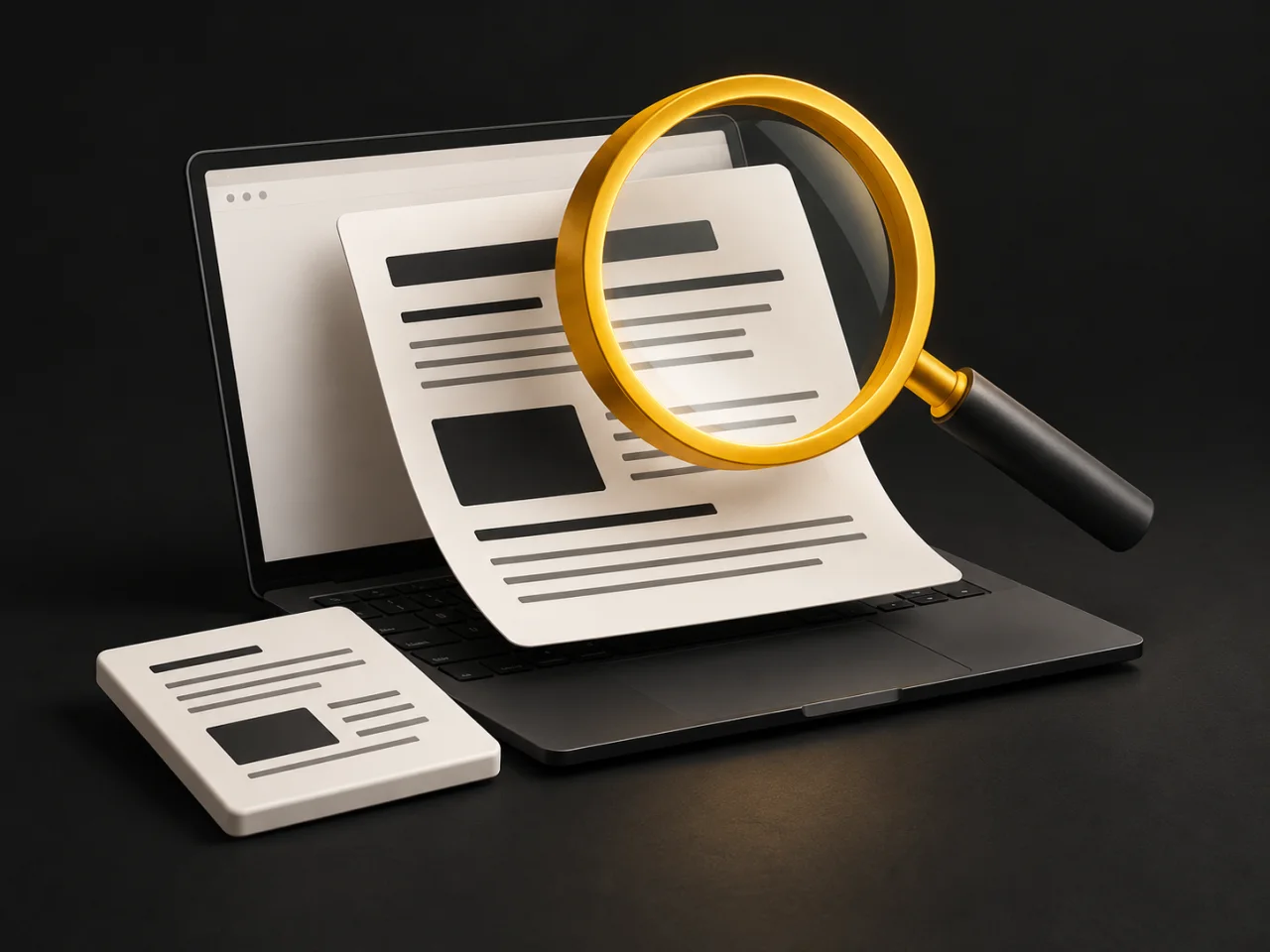 SEO-Illustration: Eine gelbe Lupe richtet den Blick auf den Inhalt einer Website.