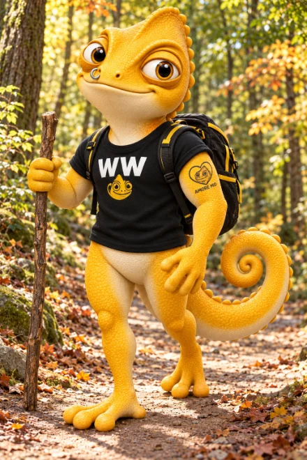Walter mit Rucksack am Anfang eines Waldwanderwegs.