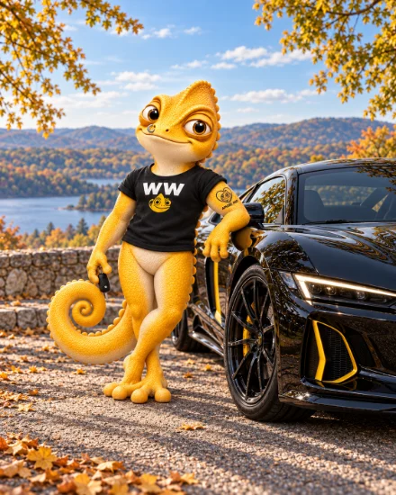 Walter posiert stolz neben einem gelben Sportwagen.