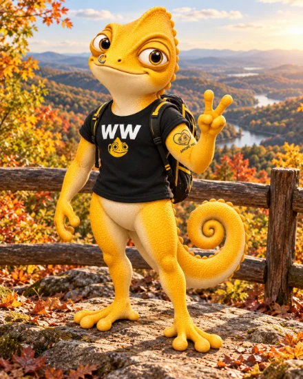 Walter zeigt Peace an einem Aussichtspunkt über einem Tal.