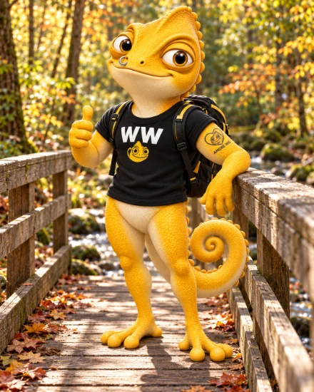 Walter lehnt am Geländer einer Waldbrücke und zeigt Daumen hoch.