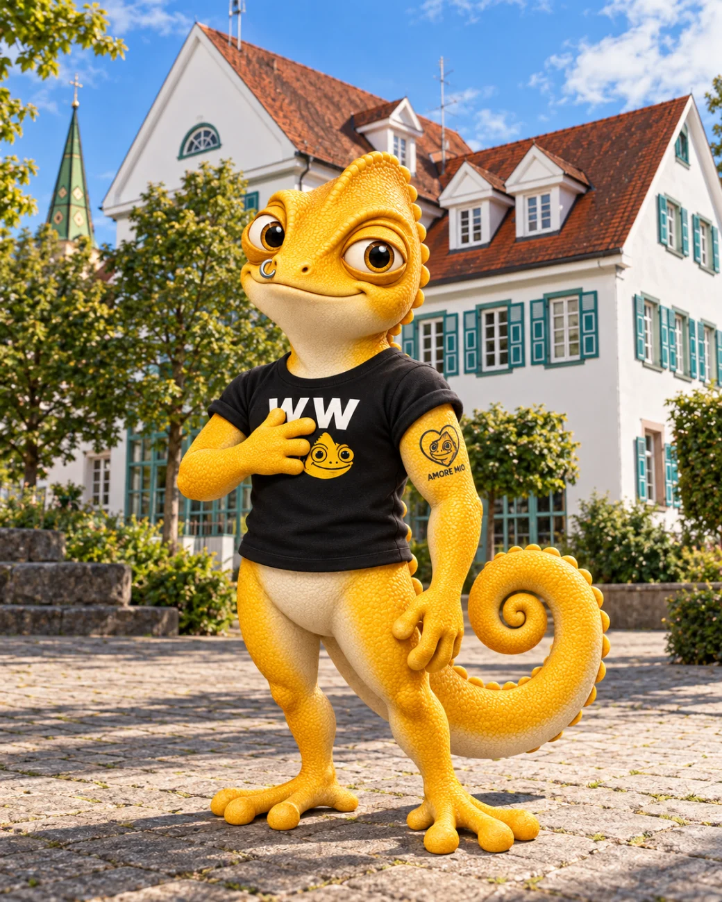 Walter mit der Hand am Herzen vor dem Denkinger Rathaus.