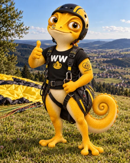 Walter mit Gleitschirmhelm und Gurtzeug vor einem Talblick nach dem Dreifaltigkeitsberg.
