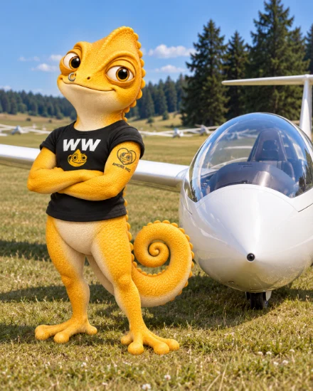 Walter steht stolz neben einem weißen Segelflugzeug auf einer Kulisse nach dem Klippeneck.