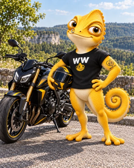 Walter posiert neben einem Motorrad und hält seinen Helm im Arm.