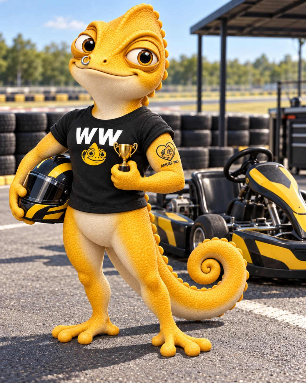 Walter mit Helm und Mini-Pokal bei seinem Kart-Ausflug nach Rottweil.