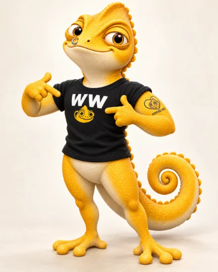 Walter zeigt stolz auf das Porträt auf seinem WW-Shirt.