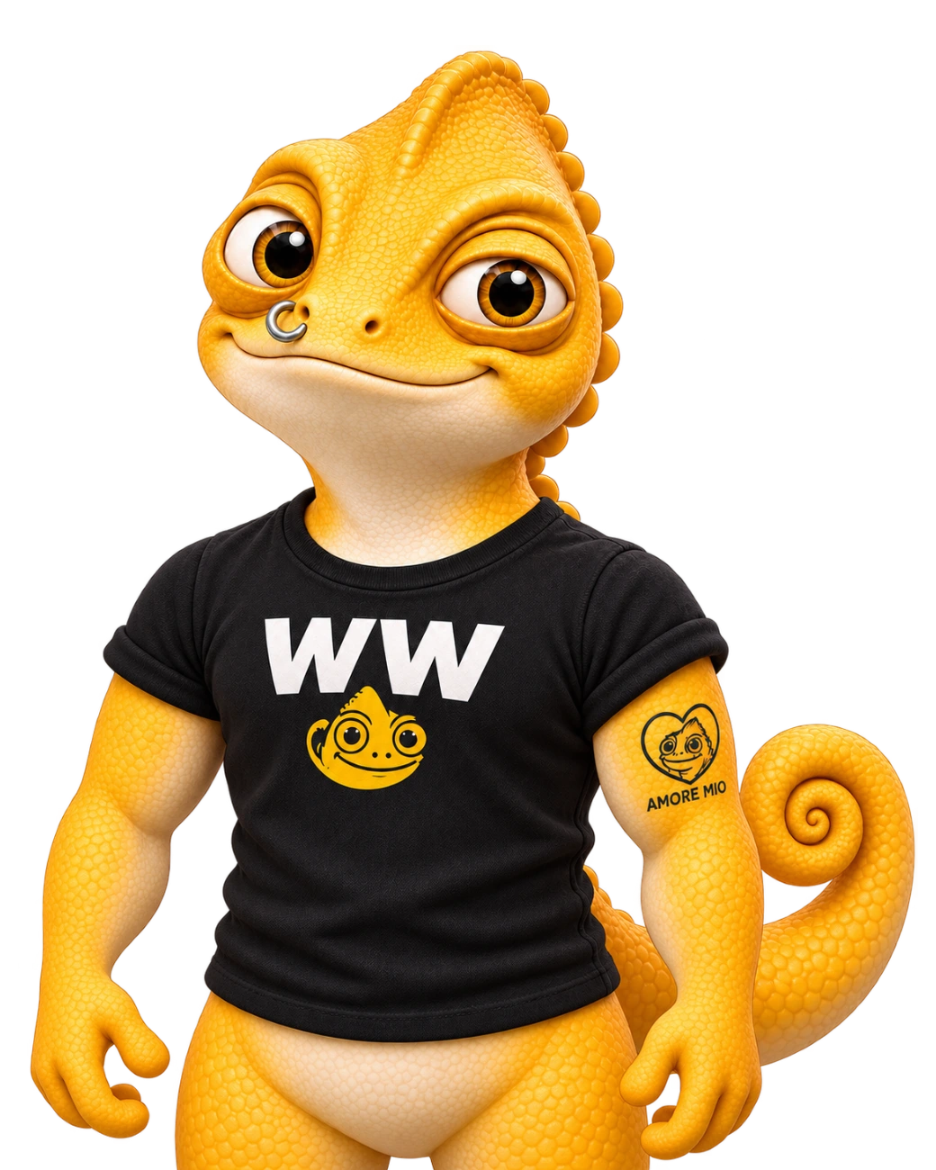 Walter Wechsel, das gelbe fiktive KI-Chamäleon von WERK38, mit schwarzem WW-Shirt und eingerolltem Schwanz.