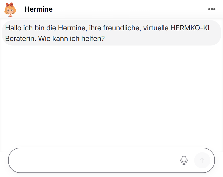 Die echte Hermine-Chatoberfläche mit Begrüßung als virtuelle HERMKO-KI-Beraterin.