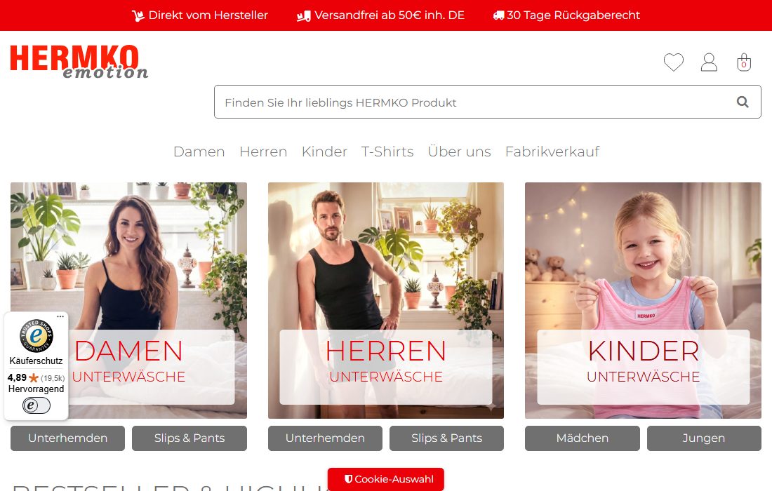 HERMKO-Online-Shop mit Produktbereichen für Damen, Herren und Kinder als Umgebung des Hermine-Kundenprojekts.