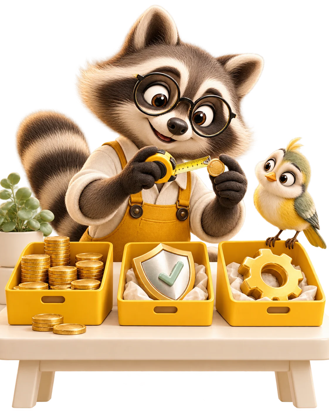 Gezeichneter Waschbär sortiert Symbole in gelbe Boxen – Illustration zur verständlichen Strukturierung von Daten und Funktionen in der KI Webentwicklung.