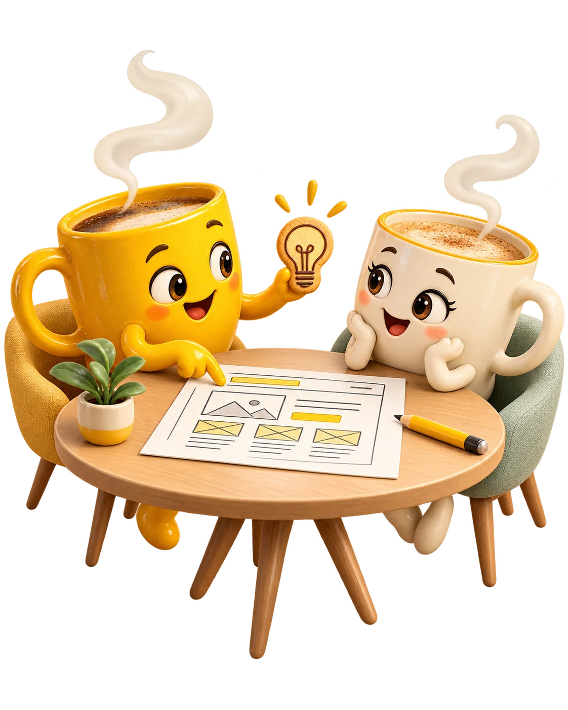 Zwei gezeichnete Kaffeetassen besprechen einen Plan am Tisch – Illustration zum persönlichen Erstgespräch über Ihr Webprojekt.