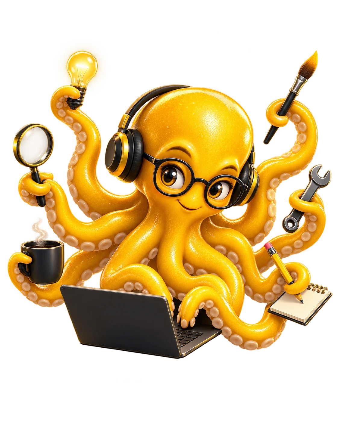 Gelbe Krake mit Brille bedient einen Laptop und hält Werkzeuge für Text, Gestaltung und Technik – Illustration zum Zusammenspiel von Aufgaben in der KI Webentwicklung.