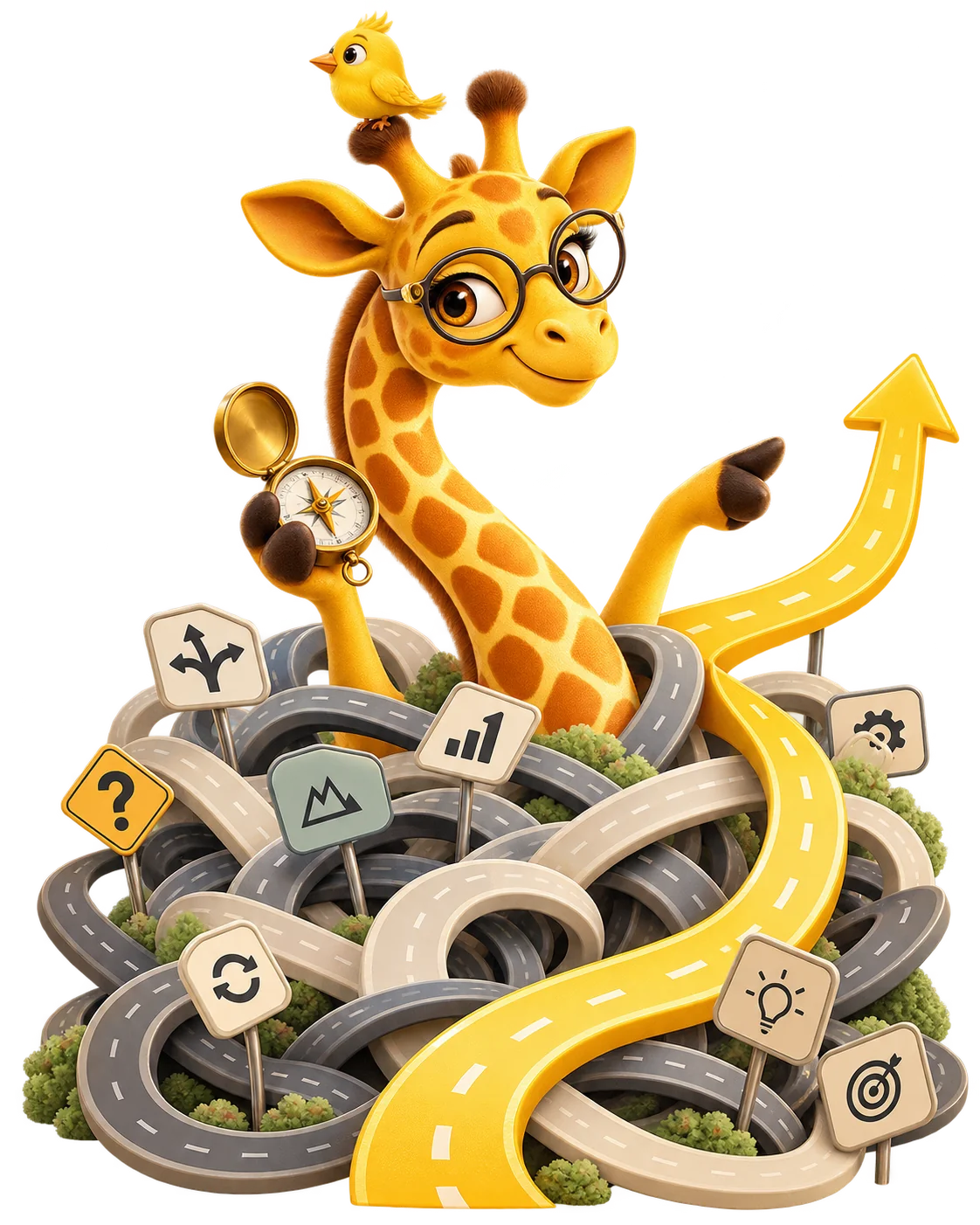 Gezeichnete Giraffe mit Brille und gelbem Wegweiser über Technik- und Kommunikationssymbolen – Illustration zur Auswahl passender Werkzeuge für KI Webentwicklung.