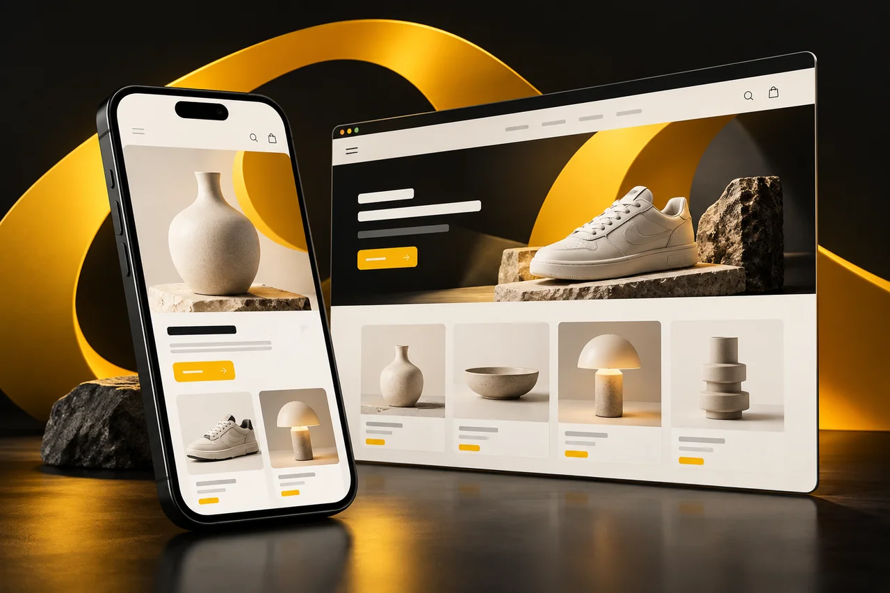 Designkonzept für ein individuelles PlentyONE PWA-Template auf Smartphone und Desktop