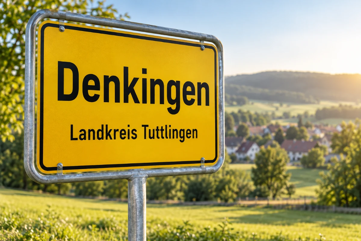 Fotorealistisches Ortsmotiv mit Ortseingangsschild Denkingen vor unscharfer Landschaft