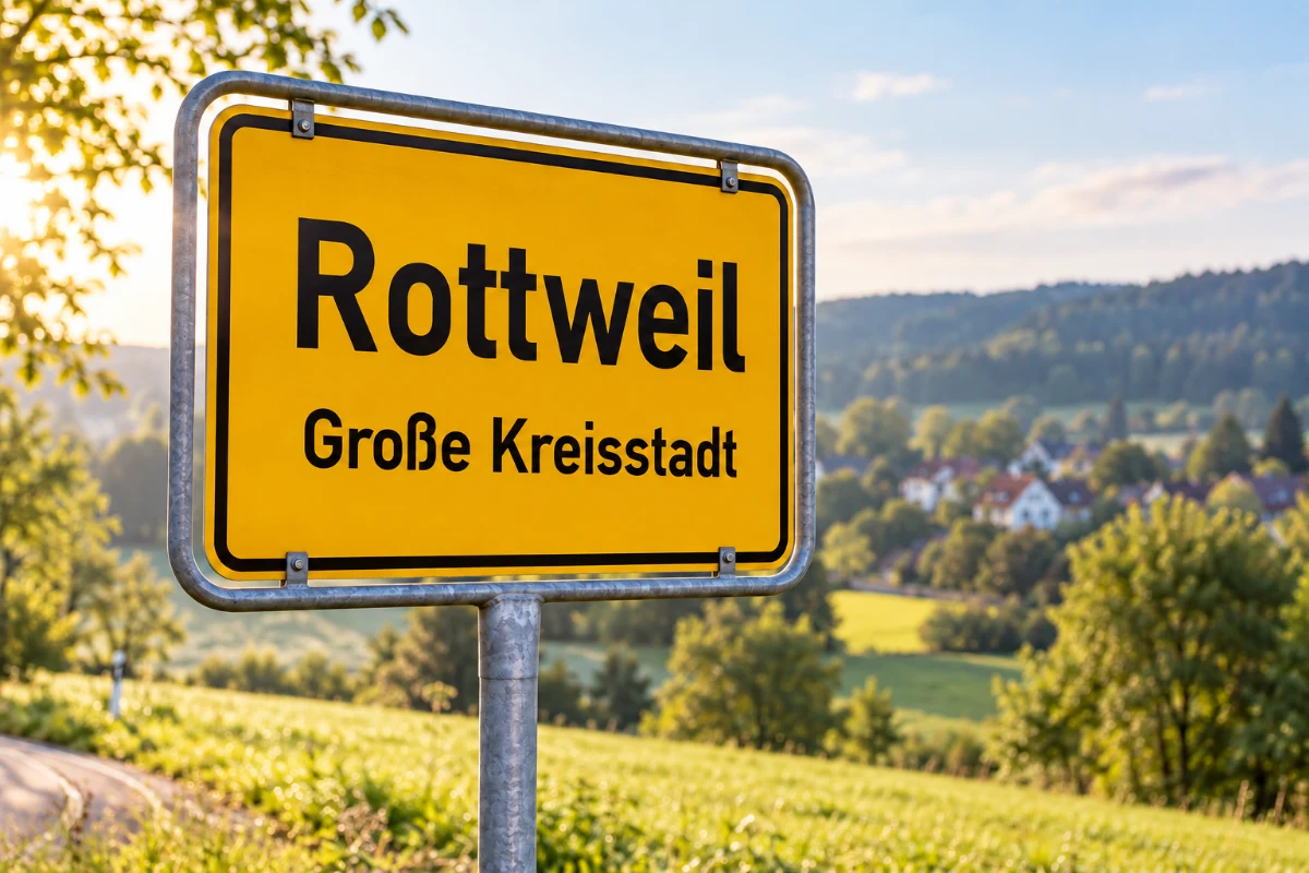 Fotorealistisches Ortsmotiv mit Ortseingangsschild Rottweil vor unscharfer Landschaft