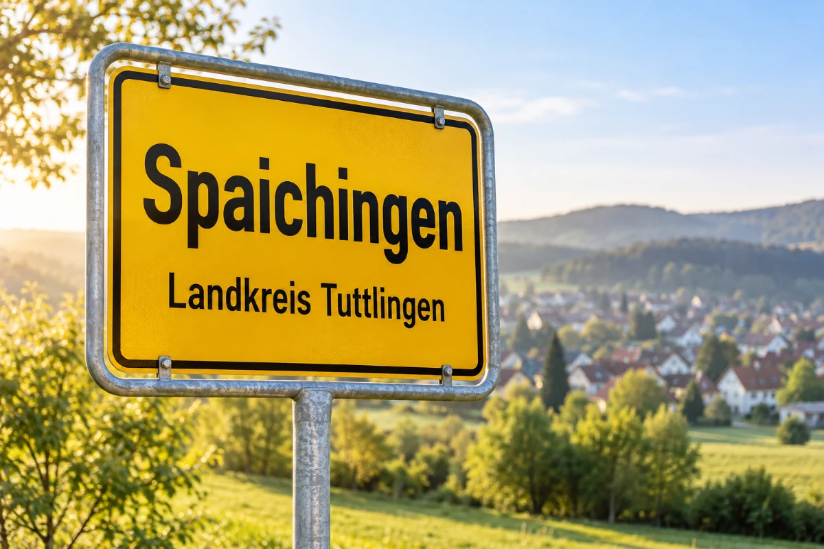 Fotorealistisches Ortsmotiv mit Ortseingangsschild Spaichingen vor unscharfer Landschaft