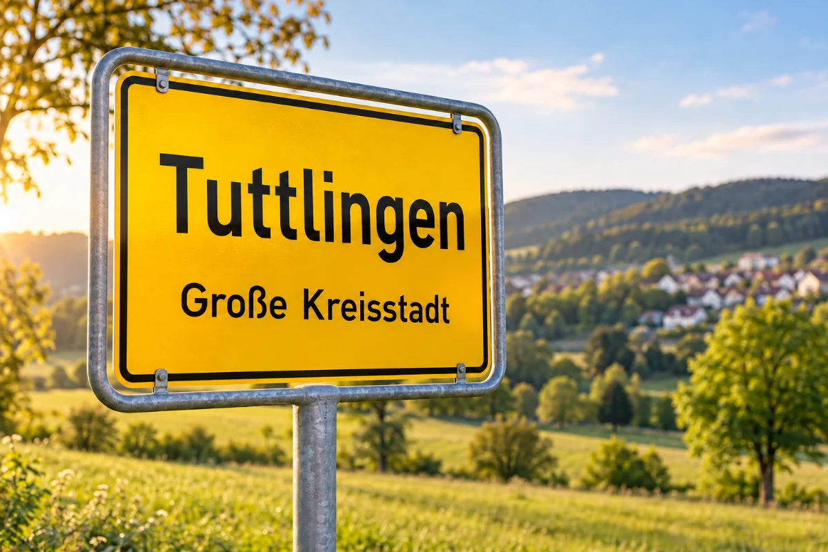 Fotorealistisches Ortsmotiv mit Ortseingangsschild Tuttlingen vor unscharfer Landschaft