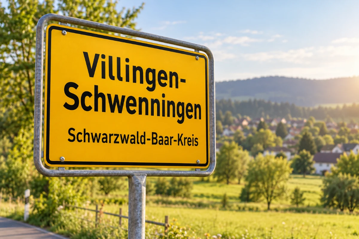 Fotorealistisches Ortsmotiv mit Ortseingangsschild Villingen-Schwenningen vor unscharfer Landschaft