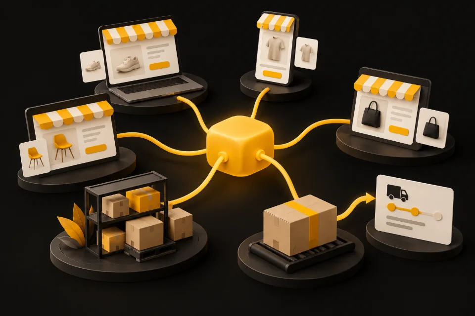 Illustration: Vier Online-Shops sind über einen zentralen Datenknoten mit Lager und Versand verbunden.